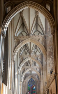 Vaulted roof ceiling inside Bristol cathedral church, Bristol, England, UK