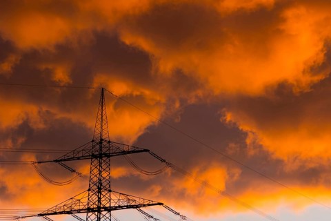 Power line, overhead line, power line, silhouette, sunset, Federal Republic of Germany