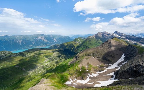 View from the summit of Faulhorn, mountain landscape and Lake Brienz, Bernese Alps, Bernese