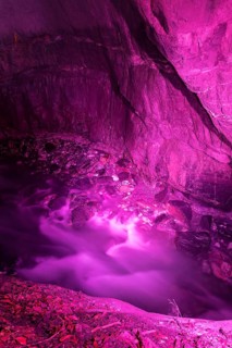 The Tamina Gorge and the Tamina River illuminated in colour at night, Altes Bad Pfäfers, St.