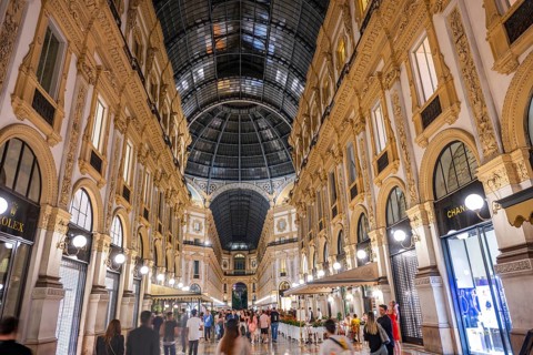 View of the Galleria Vittorio Emanuele with its many luxury shops in Milan on a sunny day, Milan,