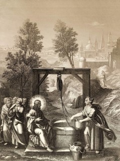 Jesus talks with a Samaritan woman, New Testament, Steel engraving 1853, digitally restored
