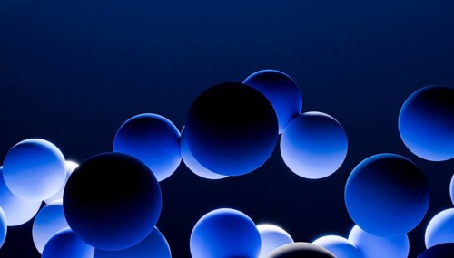 A captivating 3D rendering depicting numerous blue spheres floating harmoniously against a dark