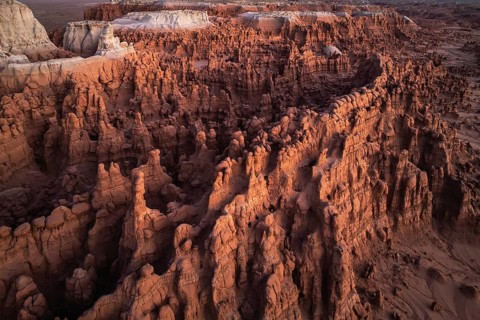 Captivating aerial shot of the unique, eroded rock formations at Goblin Valley State Park,