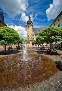 Trick fountains and town hall on the market square, Köthen, Saxony-Anhalt, Germany