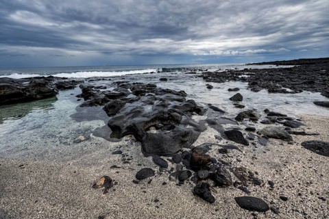 Sandy and rocky coast with volcanic stones, Playa de la Pequeña, Punta Usaje, Lanzarote, Canary