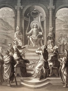 Jesus with the scholars in the Temple, Steel engraving 1853, digitally restored