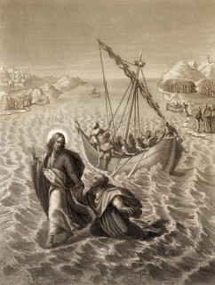 Jesus walking on the water, New Testament, steel engraving 1853, digitally restored