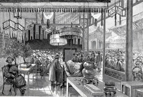 Worship service in the Fu-miao temple at Han-tschung-fu, Hanzhong, 1896, China, Historical