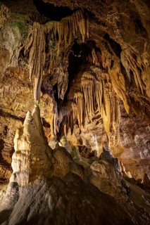 Stalagmites and stalactites in a cave, Devil's Cave Pottenstein, Franconian Switzerland, Franconia,
