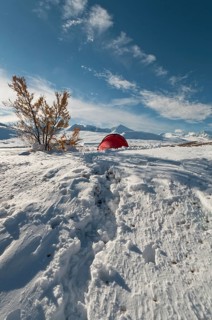 Tent in mountain landscape, Sarek National Park, Laponia World Heritage Site, Norrbotten, Lapland,