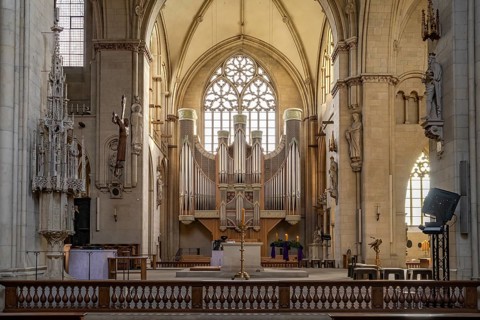 Organ in the interior of St. Paulus Cathedral in Münster, North Rhine-Westphalia, Germany