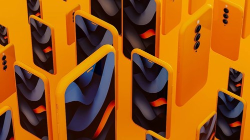 Many yellow frame smartphone exist with blue abstract art displayed on the screen. This creates a