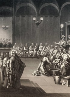 Jesus Washes the Disciples' Feet, New Testament, steel engraving 1853, digitally restored