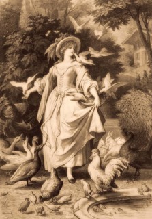 Lili feeding pigeons, Lili's Park, poem by Johann Wolfgang von Goethe, after Wilhelm von Kaulbach