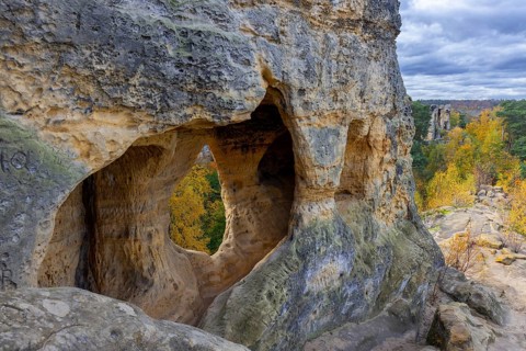 Klusfelsen, sandstone rock formation in Goslar near Halberstadt on the edge of the Harz Mountains,