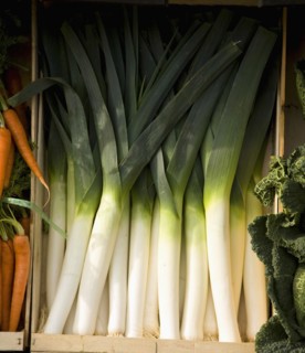 Fresh leeks in wooden crate box