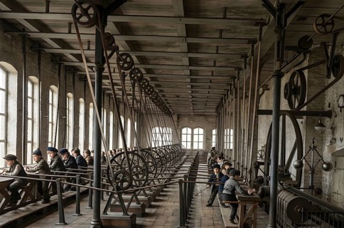 Child labor in a factory around 1858, historical illustration, digitally processed, exploitation,