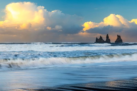 Reynisdrangar pinnacles, lava sandy beach, waves, sea, clouds, winter, Vik, Iceland, Scandinavia