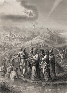 The Jews sent priests and Levites from Jerusalem to ask John the Baptist, Steel engraving 1853,