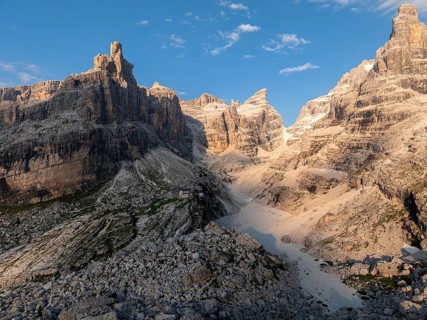Evening at Refugio Francis Fox Tuckett, alpine panorama, aerial view, impressive mountain peaks of