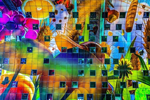 Markthal from 2014, offers over 100 food stalls and delicatessens with spectacular ceiling fresco