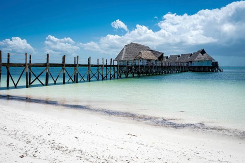 A long wooden pier leads to traditional thatched-roof bungalows built on stilts over the turquoise