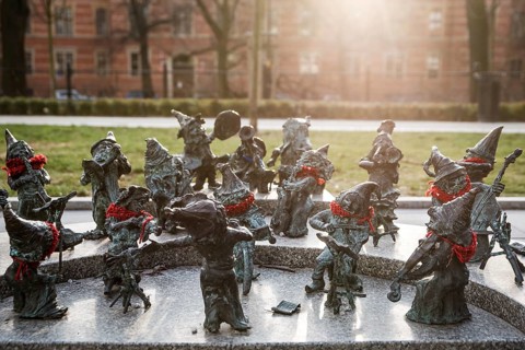 WROCLAW, POLAND - JANUARY 19, 2019: Statue of dwarves representing philarmonic orchestra of Poland