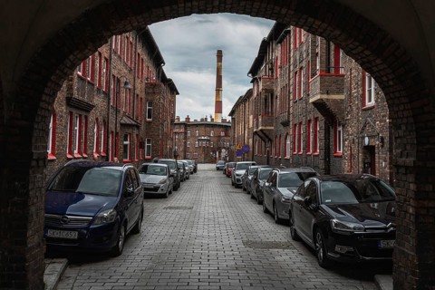KATOWICE, POLAND - JUNE 7, 2025: Nikiszowiec historic mining settlement with brick buildings