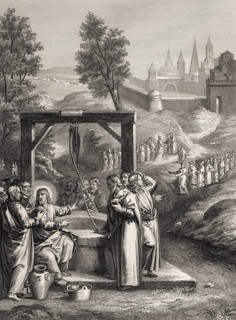 Jesus talks with a Samaritan woman, the Samaritan woman returns, New Testament, Steel engraving