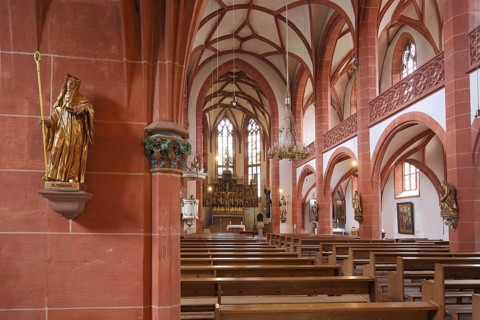 Saint Hildegard sculpture with crook, late Gothic Rheingau Cathedral, interior view, Geisenheim,