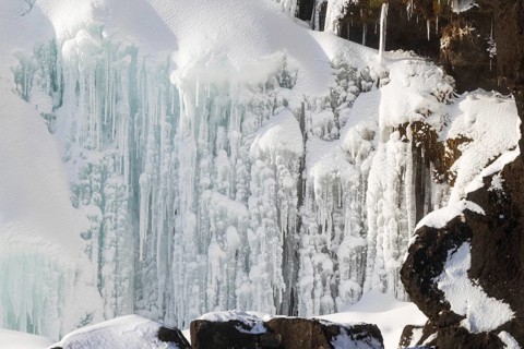 Öxarárfoss, frozen waterfall, icicles, lava rock, rock, snow, frost, winter, Golden Circle,