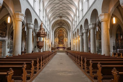 Interior view of Constance Cathedral with various architectural styles in the historic old town of