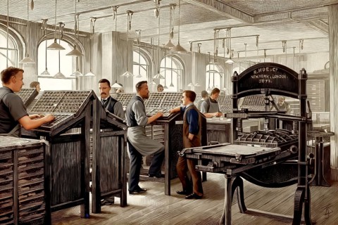 Manual typesetting, composing room, 19th century