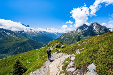 Mountain panorama with glaciated mountain peaks, Aiguille du Midi and Mont Blanc, Aiguille de