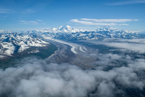 Kahlitna Glacier, Mt Foraker and Mt Denali or Mount McKinley, aerial view, Alaska Range, Denali