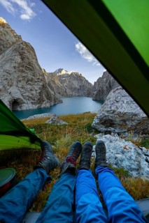 Wild camping, camping in the wilderness with a tent, Kol Suu mountain lake, Sary Beles Mountains,