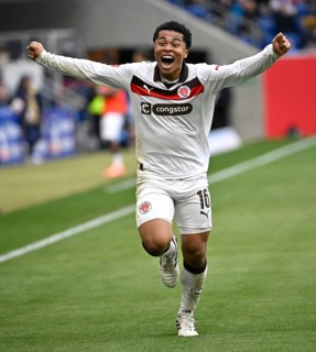 Goal celebration Joel Chima Fujita FC St. Pauli (16) Soccer Bundesliga, PreZero Arena, Sinsheim,