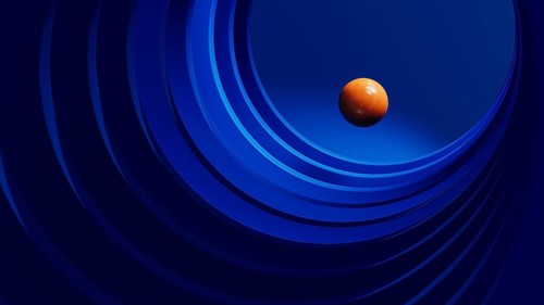 A vibrant orange sphere hovers within a dynamic arrangement of blue geometric shapes, creating a