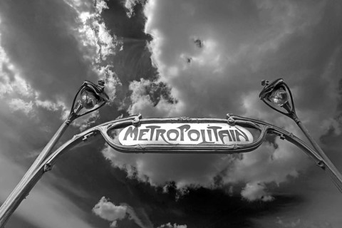Art Nouveau entrance to the metro, black and white, Paris, France
