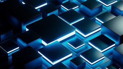 Abstract background design featuring a network of glowing geometric shapes in blue tones, creating