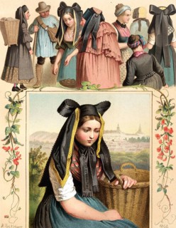 Traditional costumes in Germany around 1820, Province of Thuringia, woman at a farmers' market in