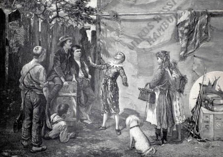 Private presentation of a circus clown balancing a peacock feather on the nose, Circus Rossi in