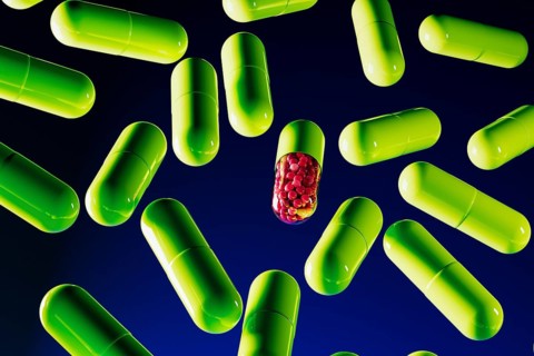 Bright green capsules pills with one revealing vibrant contents create a dynamic visual against a