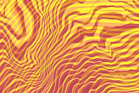 A vivid yellow abstract background featuring dynamic, flowing wave patterns in various shades of