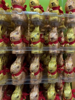 Retail display of chocolate Easter bunnies Easter bunny Easter bunny brand Lindt with chocolate