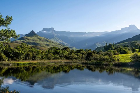 Amphitheatre with reflection in the lake, Royal Natal National Park, Drakensberg Mountains south,