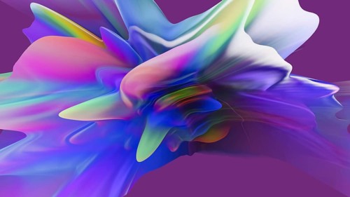 This image showcases surreal 3D extrusions with a holographic effect, featuring vibrant, fluid