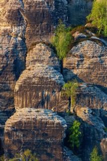Sandstone formations in late light at the Bastei rocks near the village of Rathen in Saxon