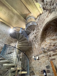 View of high spiral staircase in restored historic castle tower of Altendorf Castle in